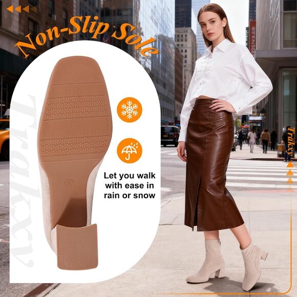 Women's Apricot Square Toe Ankle Boots Faux Suede Low Block Heel Chelsea Boots - Picture 5 of 6